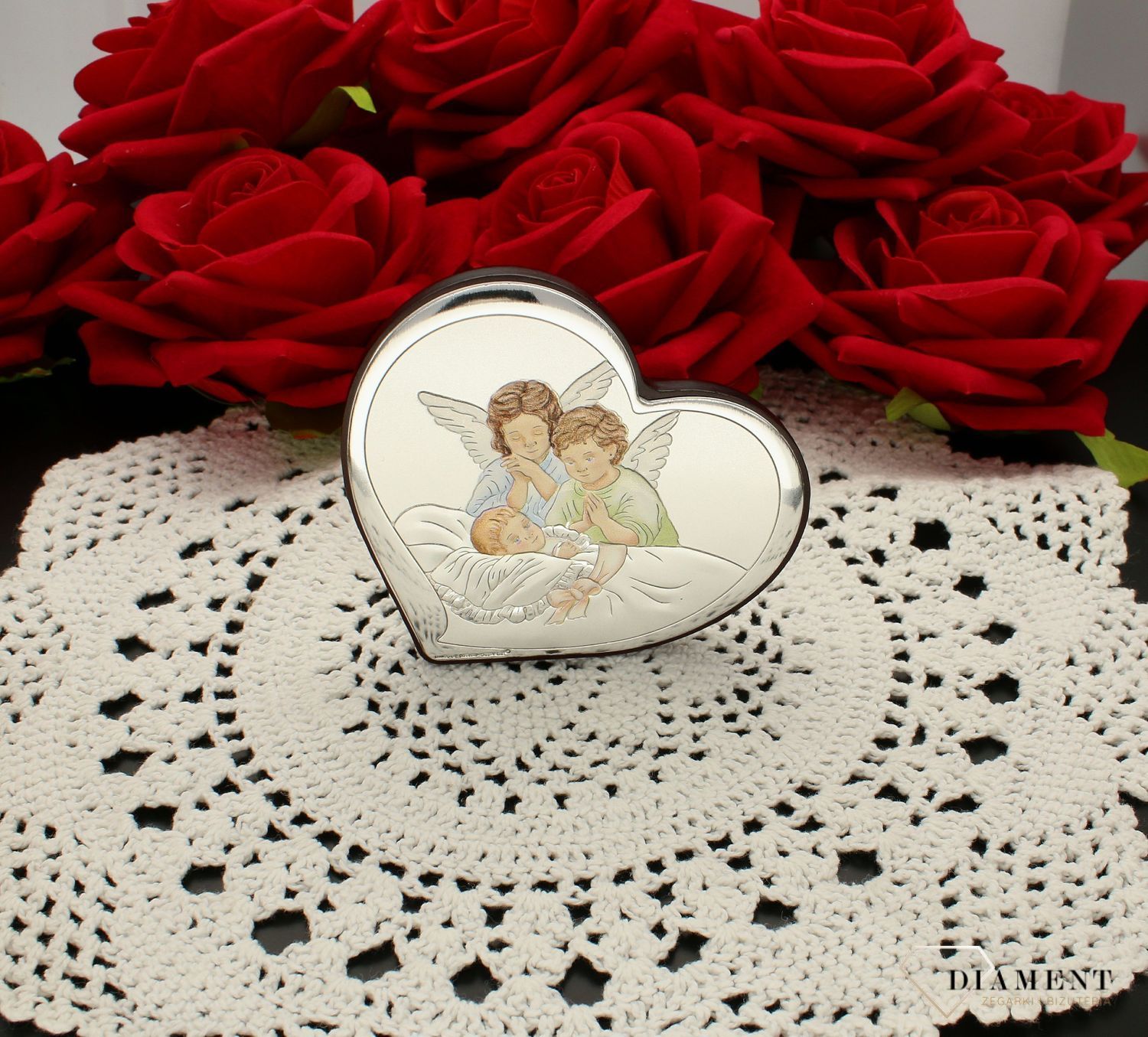 Piękny obrazek w kształcie serca,Pamiątka Chrztu Św. Aniołki 6450.1 COL. Obrazek na chrzciny. Kolorowy obrazek z aniołkami. Obrazek srebrny z grawerem gratis..jpg